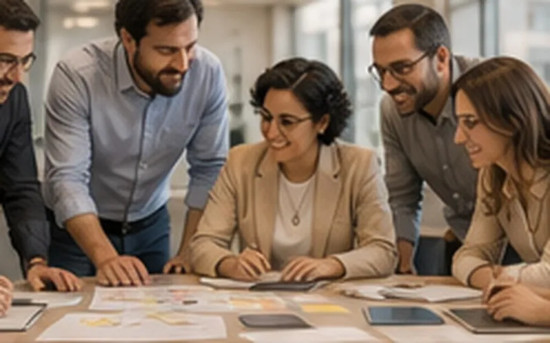 Equipo de Ridario colaborando alrededor de una mesa durante una reunión de trabajo