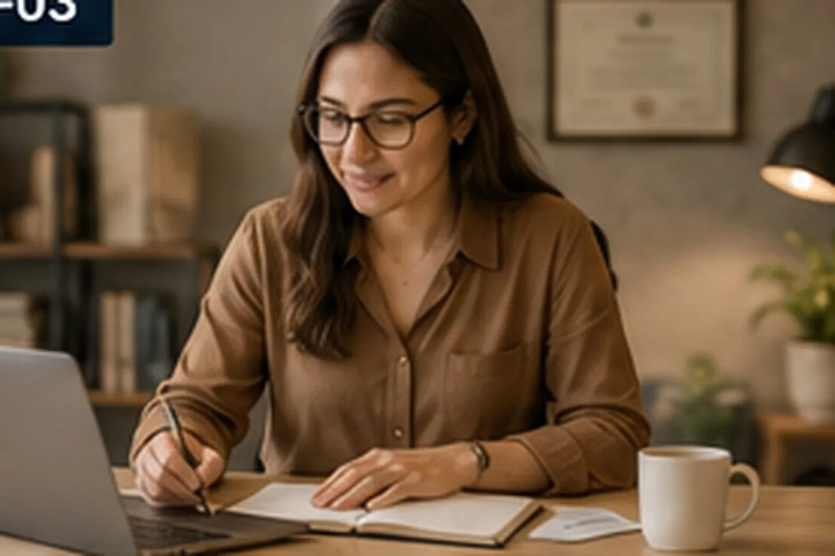 Profesional independiente trabajando en su escritorio con documentos y notebook