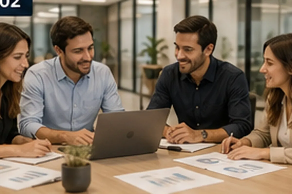 Equipo directivo de una PyME revisando indicadores del negocio en una oficina moderna
